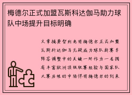 梅德尔正式加盟瓦斯科达伽马助力球队中场提升目标明确