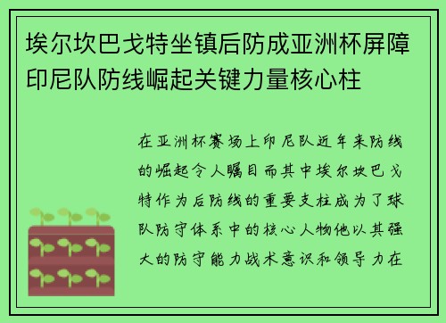 埃尔坎巴戈特坐镇后防成亚洲杯屏障印尼队防线崛起关键力量核心柱